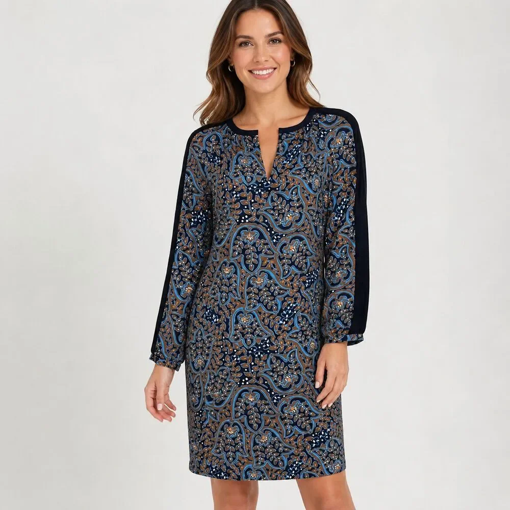 Tory Burch Silk Tunic Shift Dress Size 8 Blue Brown Paisley Print Long Sleeve